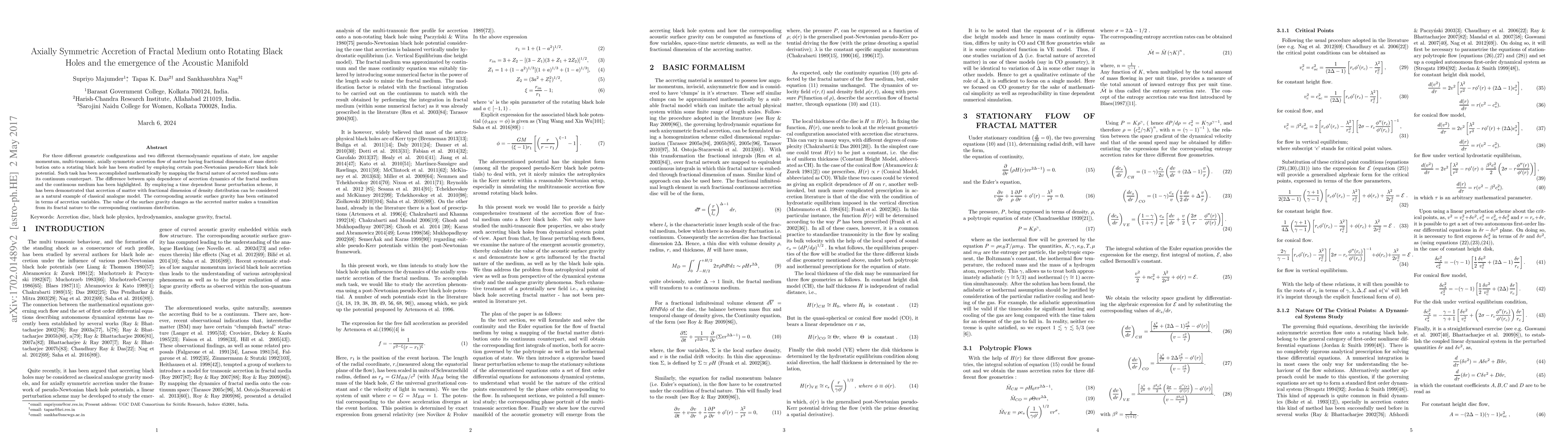 Thumbnail for Axially Symmetric Accretion of Fractal Medium onto Rotating Black Holes
  and the emergence of the Acoustic Manifold