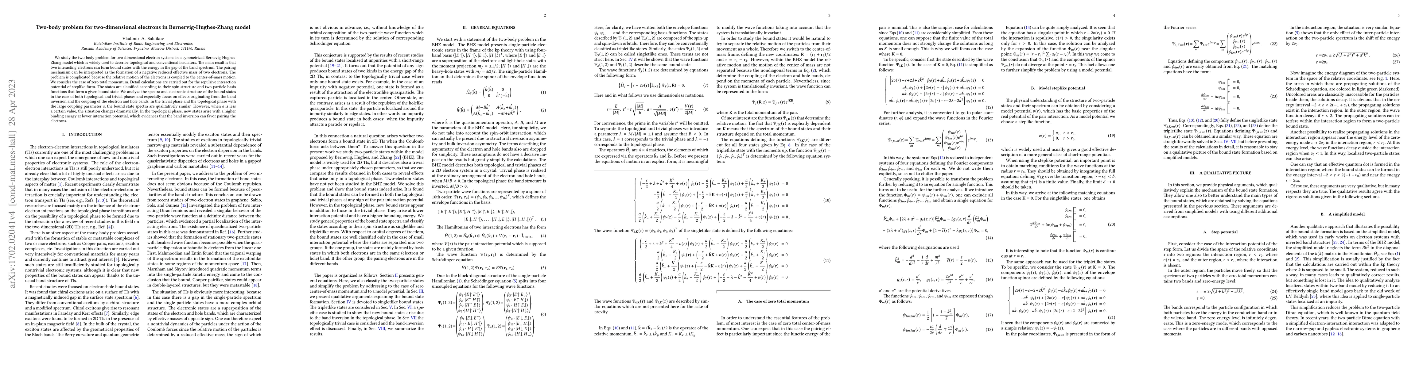 Thumbnail for Two-body problem for two-dimensional electrons in Bernervig-Hughes-Zhang
  model