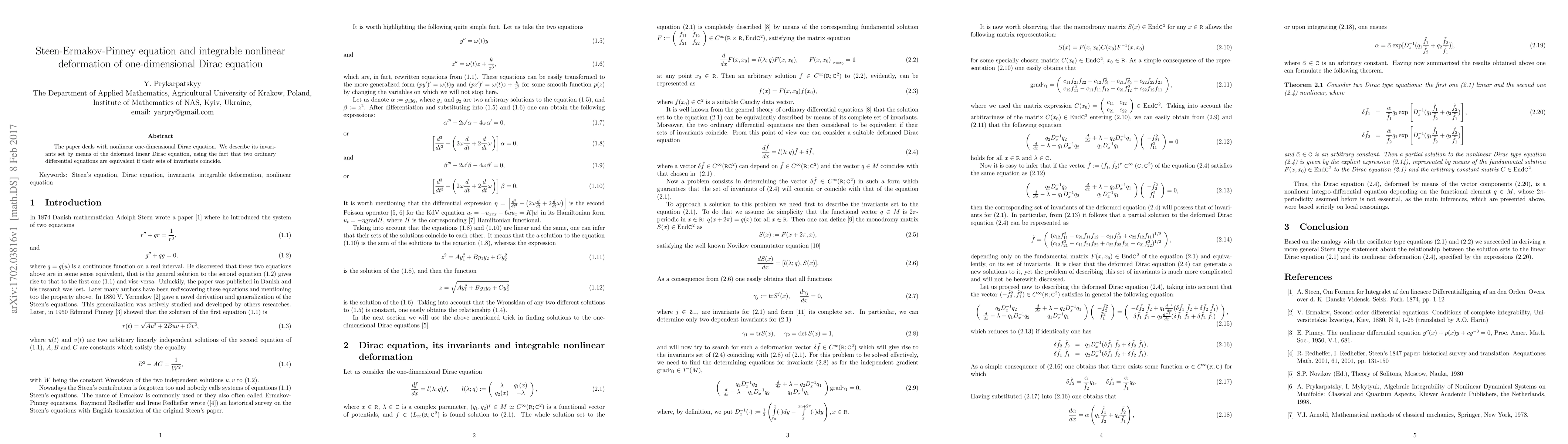 Thumbnail for Steen-Ermakov-Pinney equation and integrable nonlinear deformation of
  one-dimensional Dirac equation