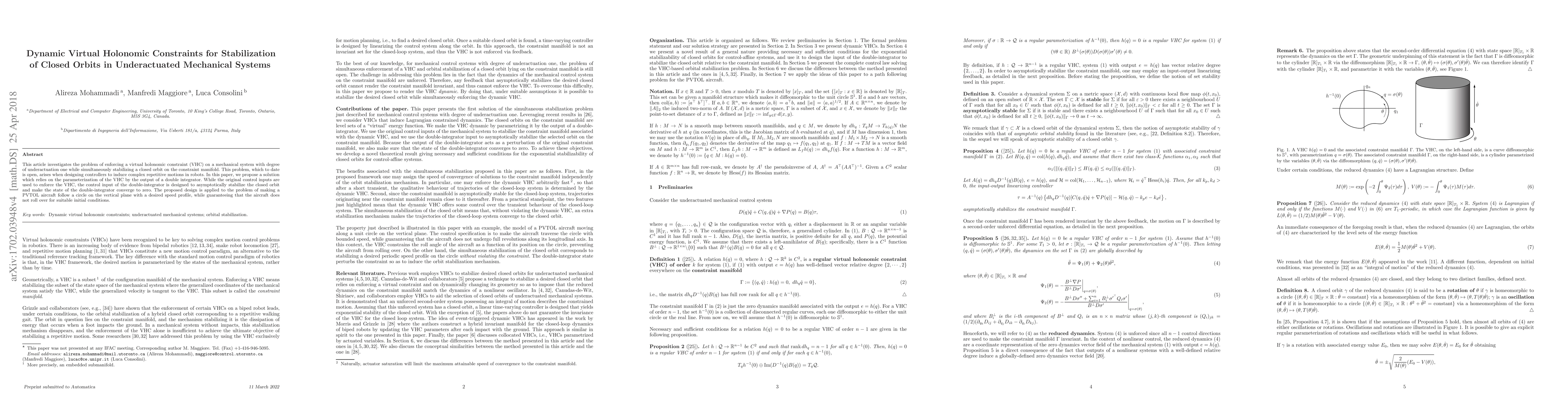 Thumbnail for Dynamic Virtual Holonomic Constraints for Stabilization of Closed Orbits
  in Underactuated Mechanical Systems