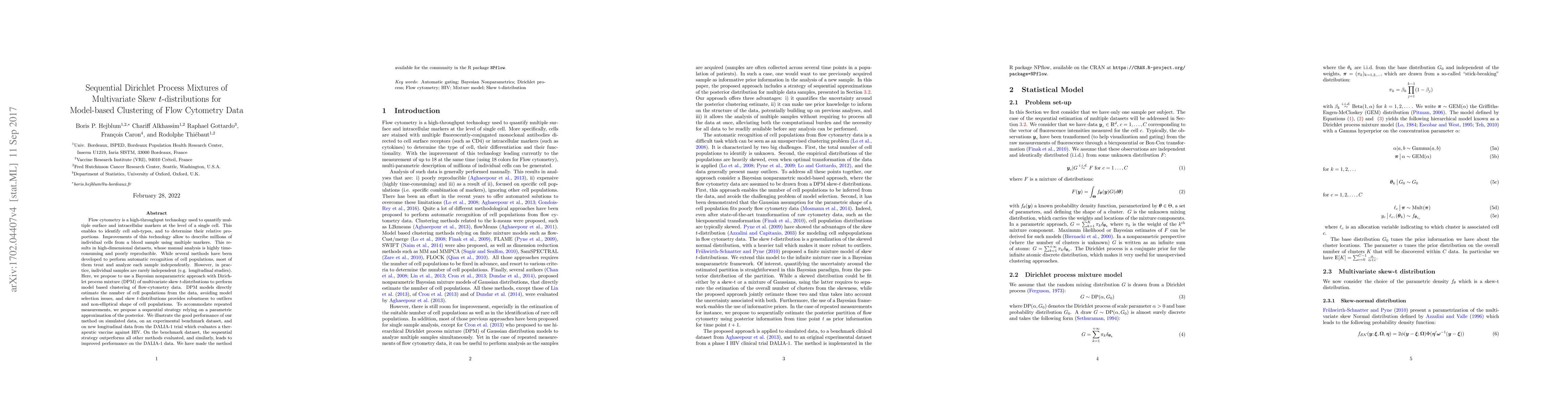 Thumbnail for Sequential Dirichlet Process Mixtures of Multivariate Skew
  t-distributions for Model-based Clustering of Flow Cytometry Data