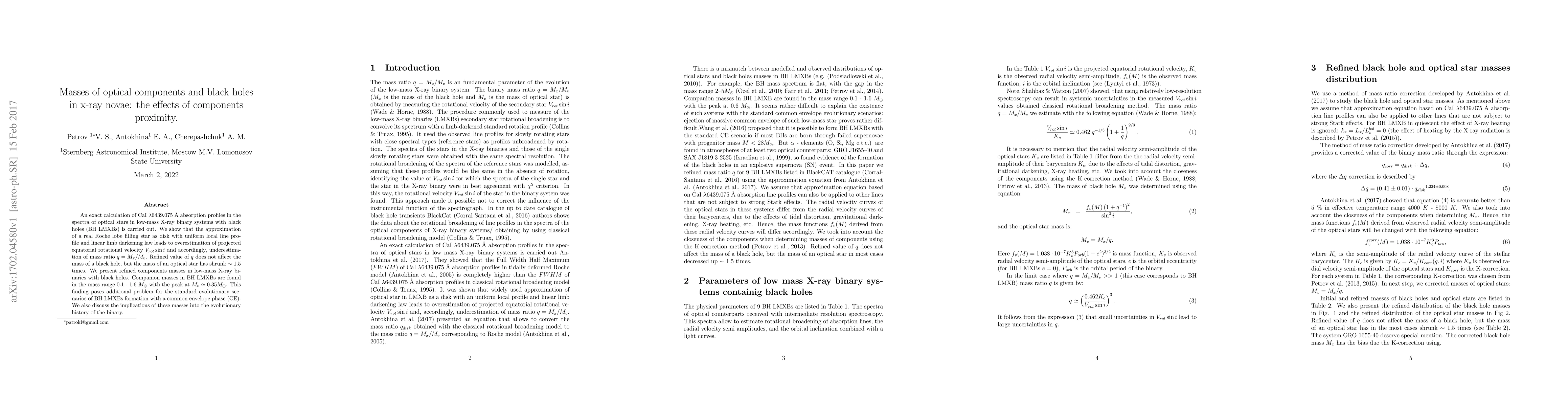 Thumbnail for Masses of optical components and black holes in x-ray novae: the effects
  of components proximity