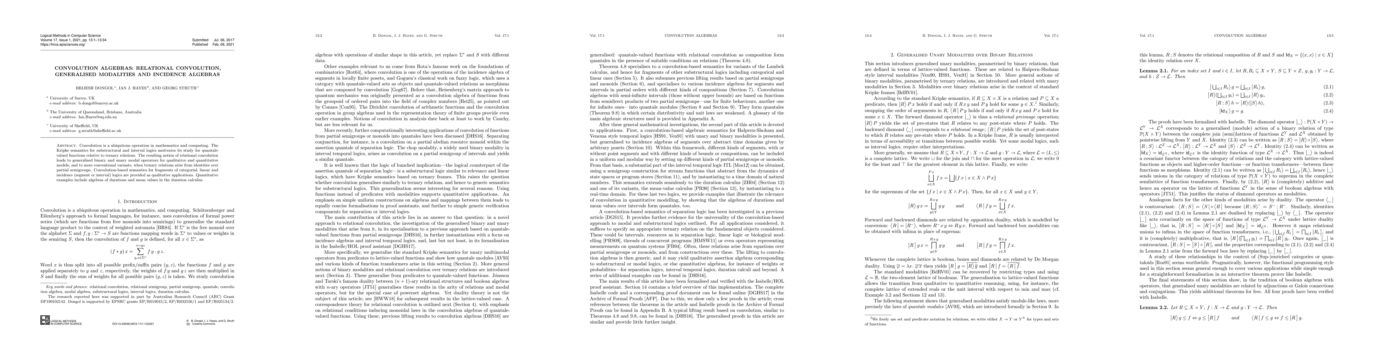 Thumbnail for Convolution Algebras: Relational Convolution, Generalised Modalities and
  Incidence Algebras