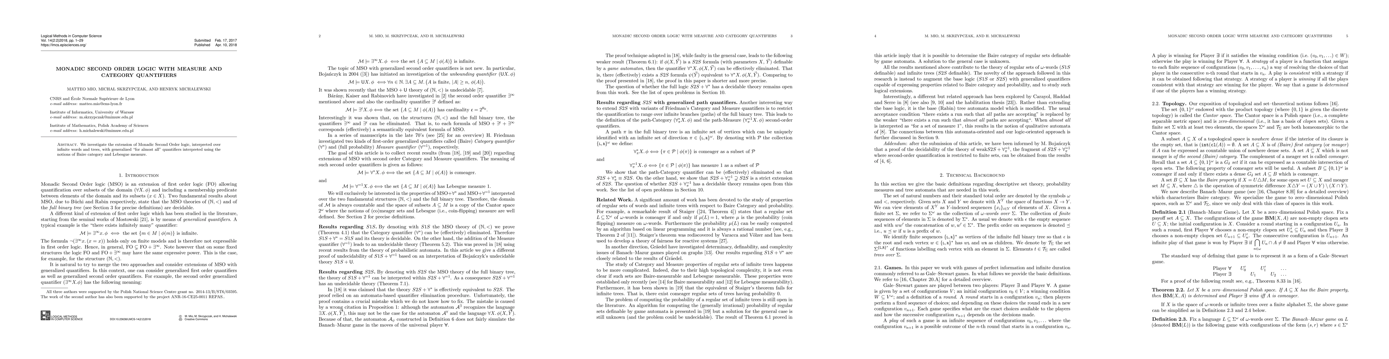 Thumbnail for Monadic Second Order Logic with Measure and Category Quantifiers