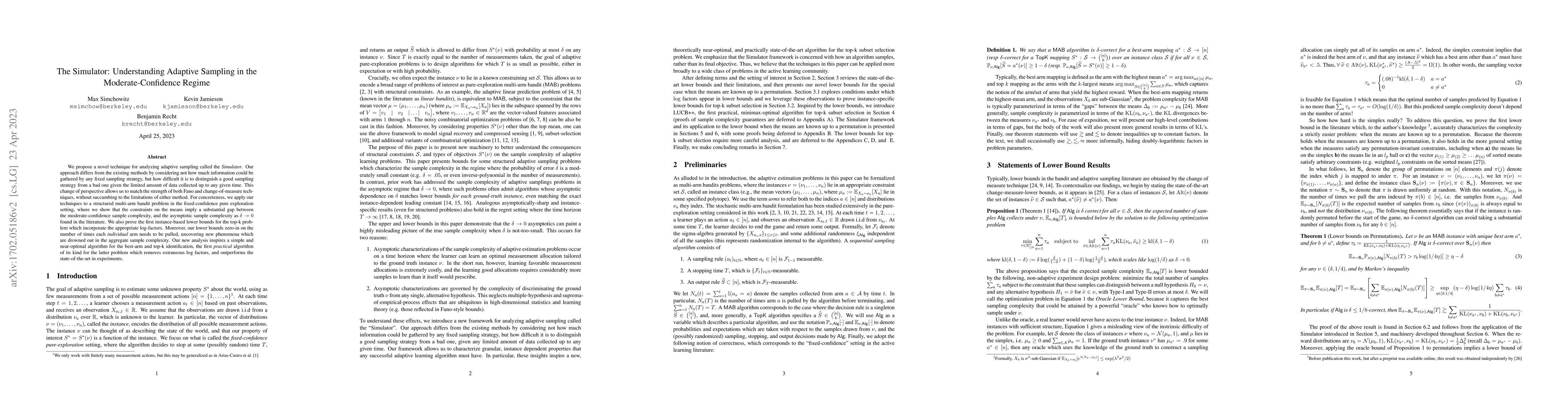 Thumbnail for The Simulator: Understanding Adaptive Sampling in the
  Moderate-Confidence Regime