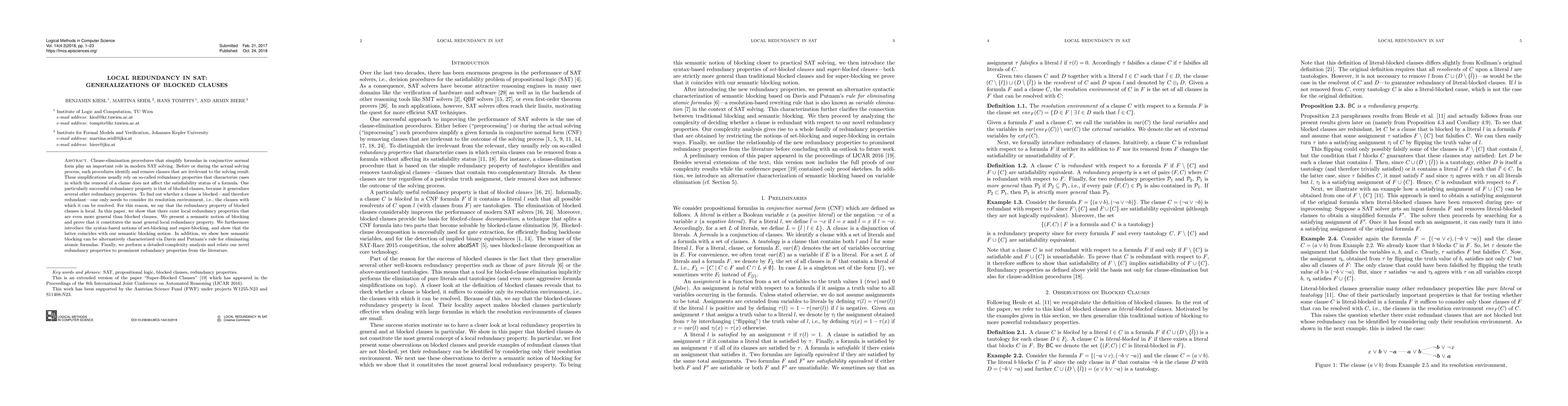 Thumbnail for Local Redundancy in SAT: Generalizations of Blocked Clauses