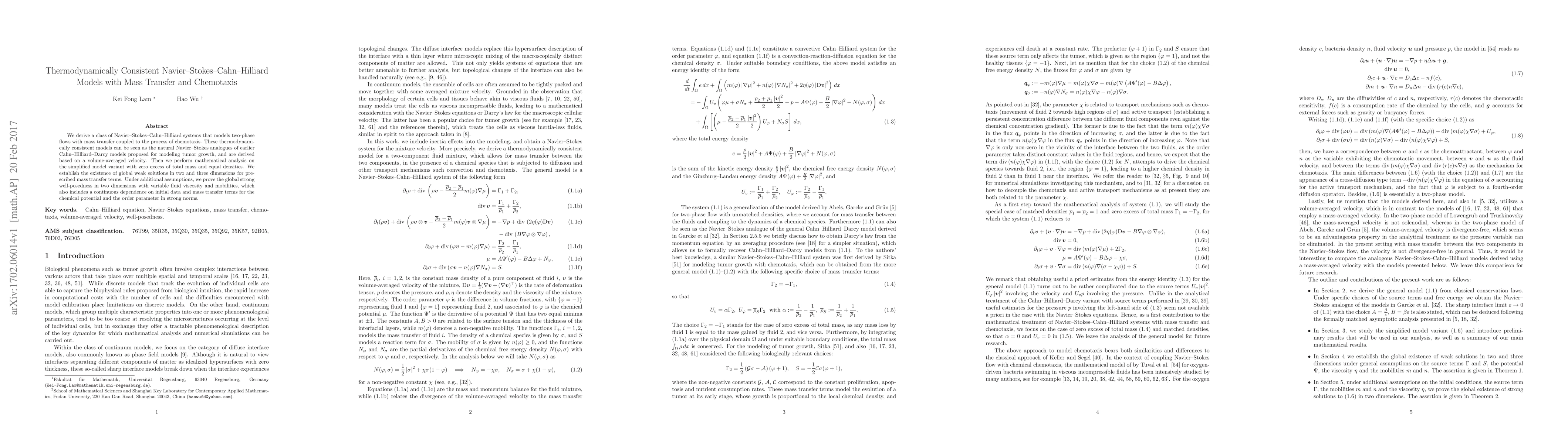 Thumbnail for Thermodynamically Consistent Navier--Stokes--Cahn--Hilliard Models with
  Mass Transfer and Chemotaxis