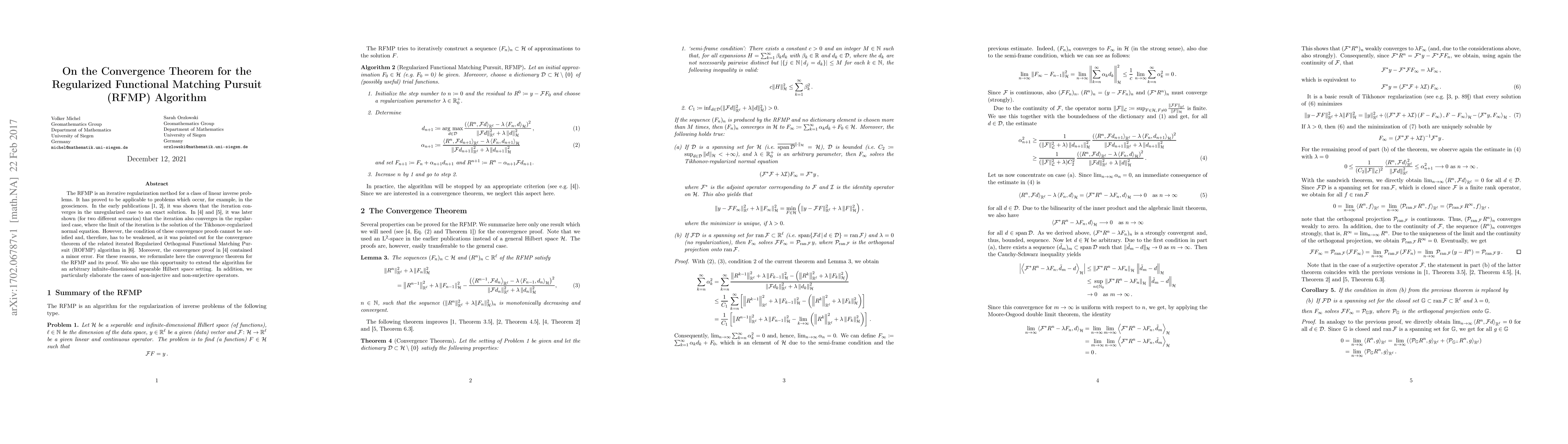 Thumbnail for On the Convergence Theorem for the Regularized Functional Matching
  Pursuit (RFMP) Algorithm