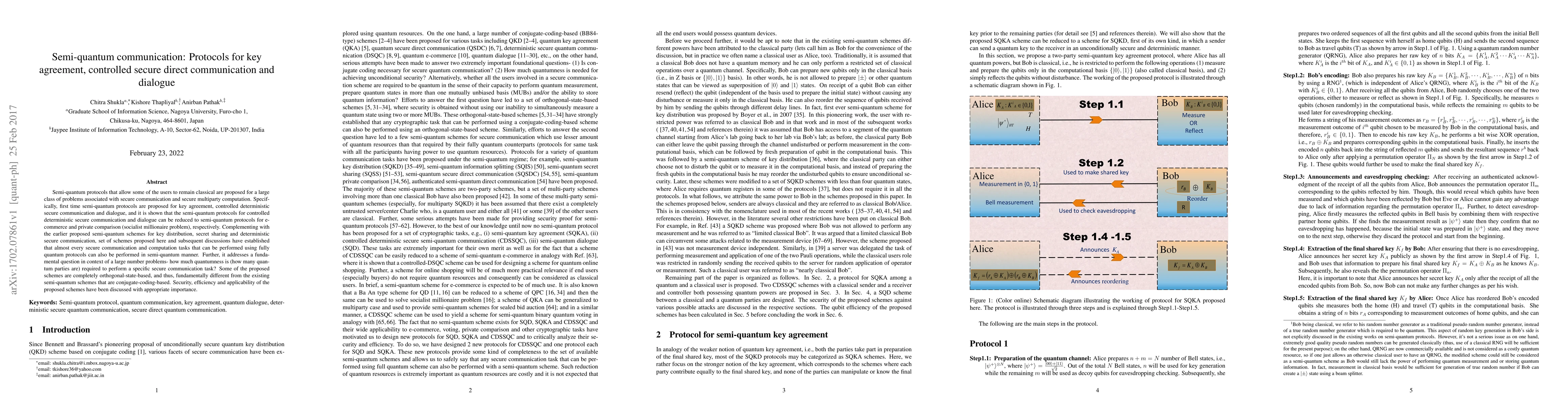 Thumbnail for Semi-quantum communication: Protocols for key agreement, controlled
  secure direct communication and dialogue