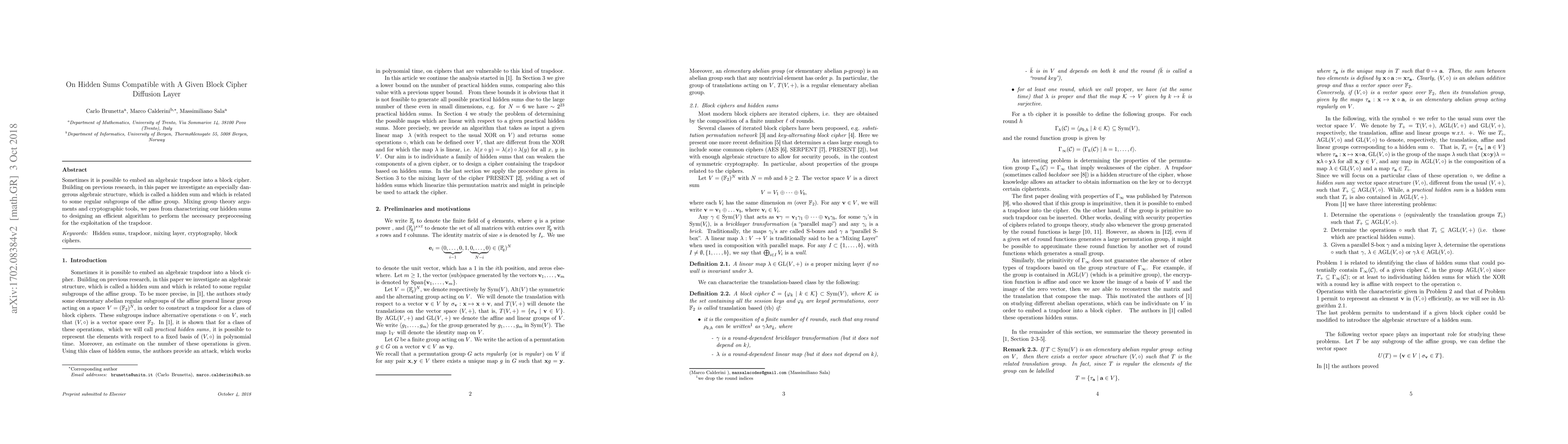 Thumbnail for On Hidden Sums Compatible with A Given Block Cipher Diffusion Layer