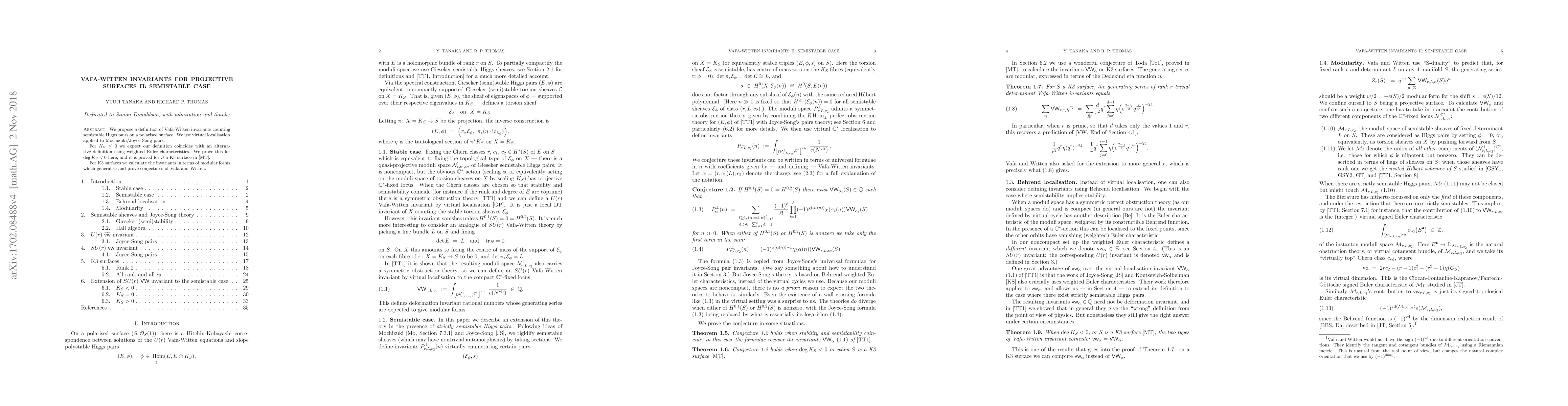 Thumbnail for Vafa-Witten invariants for projective surfaces II: semistable case