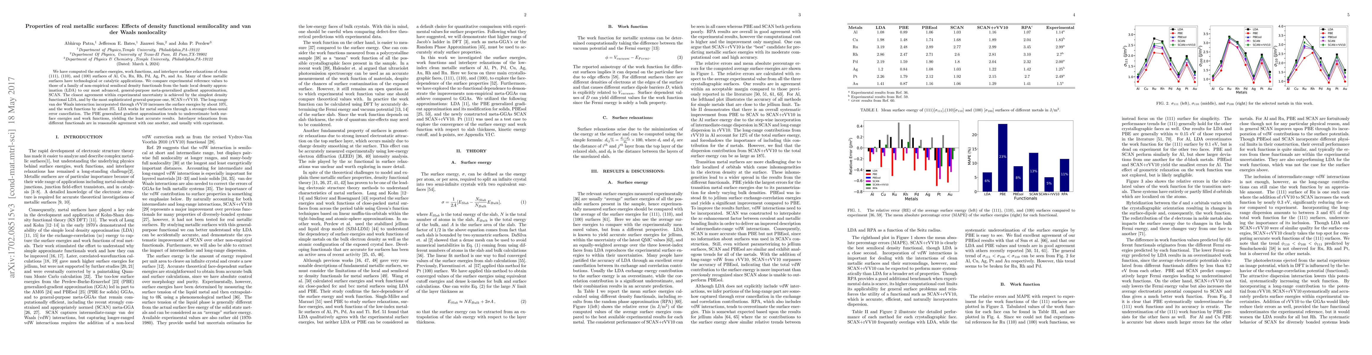 Thumbnail for Properties of real metallic surfaces: Effects of density functional
  semilocality and van der Waals nonlocality