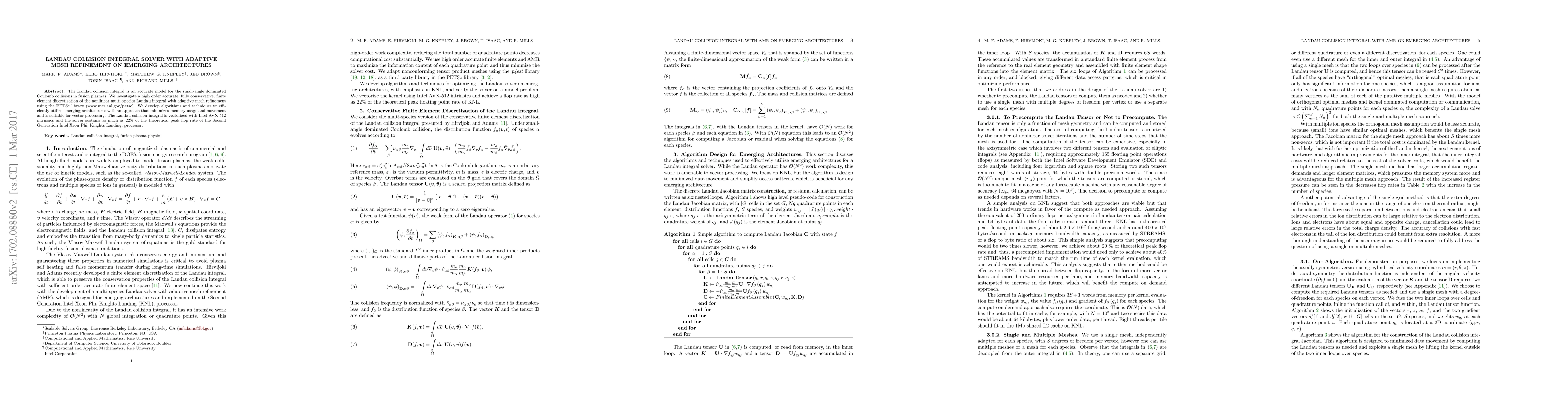 Thumbnail for Landau Collision Integral Solver with Adaptive Mesh Refinement on
  Emerging Architectures