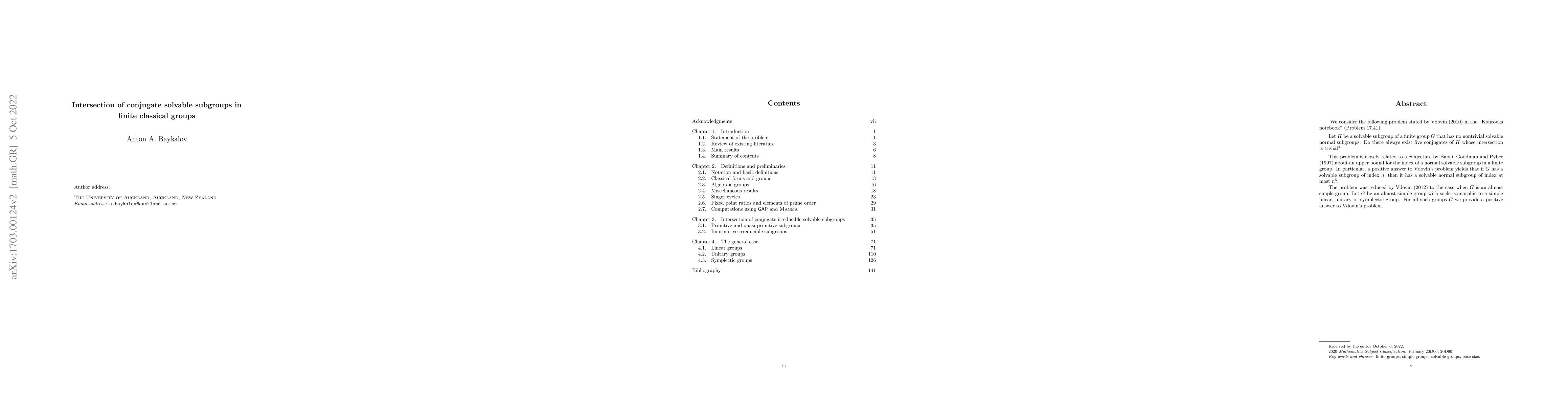 Thumbnail for Intersection of conjugate solvable subgroups in finite classical groups