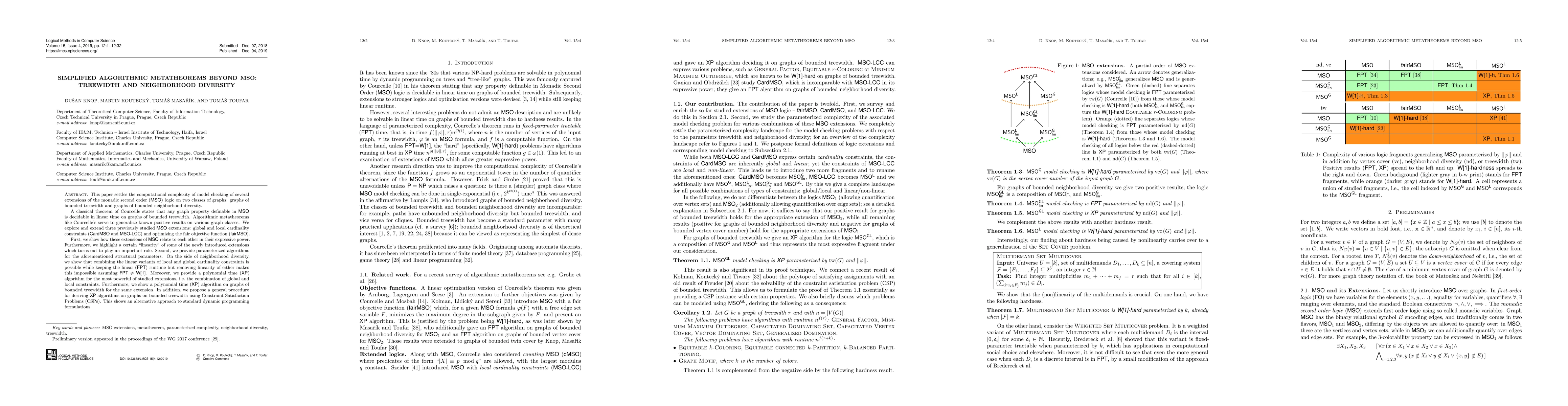 Thumbnail for Simplified Algorithmic Metatheorems Beyond MSO: Treewidth and
  Neighborhood Diversity