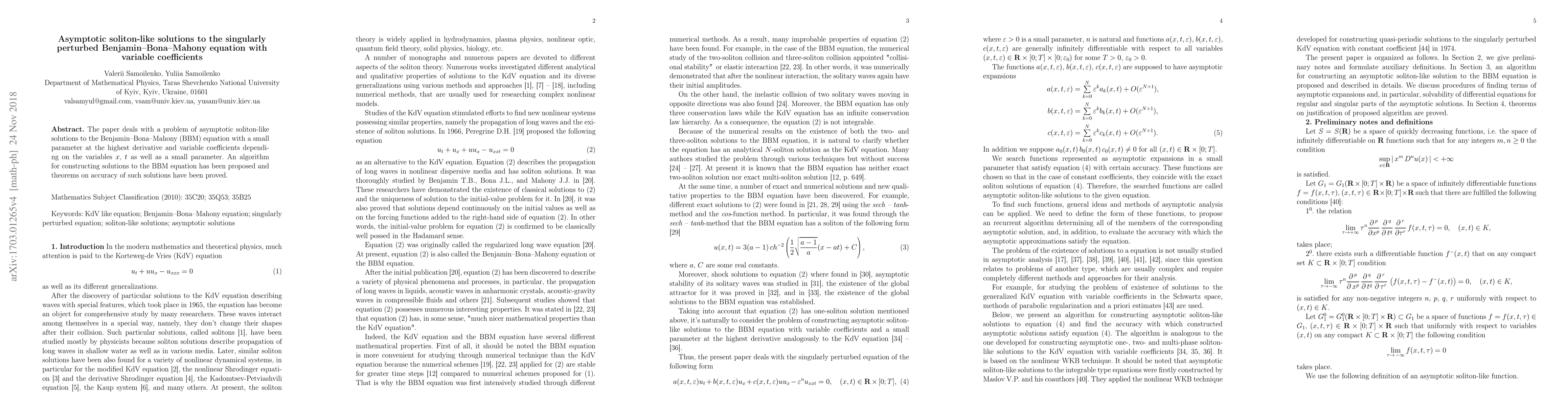 Thumbnail for Asymptotic soliton like solutions to the singularly perturbed
  Benjamin-Bona-Mahony equation with variable coefficients