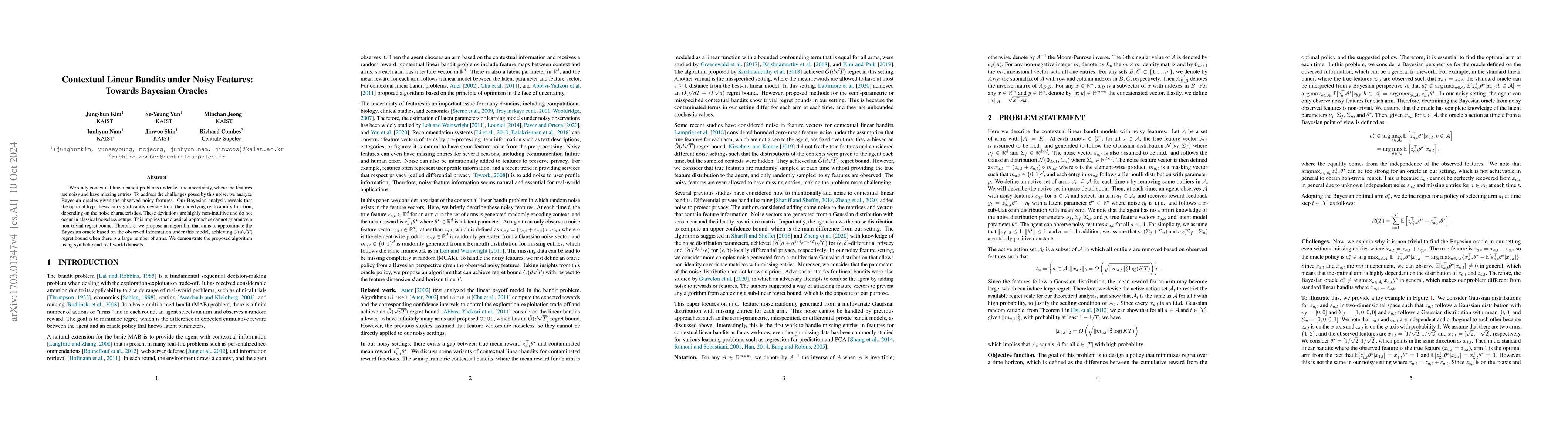 Thumbnail for Contextual Linear Bandits under Noisy Features: Towards Bayesian Oracles