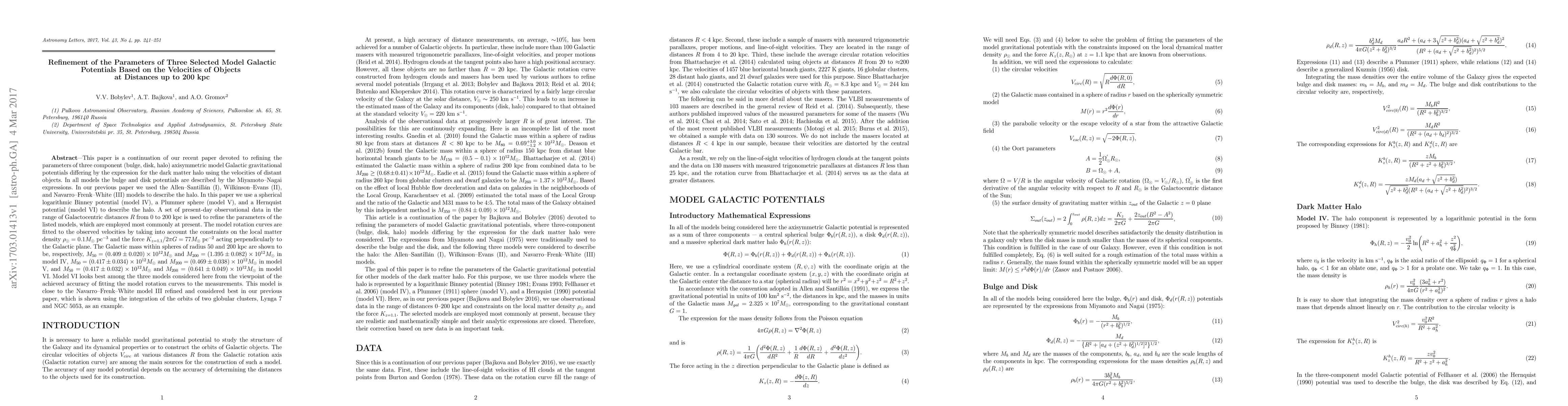 Thumbnail for Parameters of Three Selected Model Galactic Potentials Based on the
  Velocities of Objects at Distances up to 200 kpc