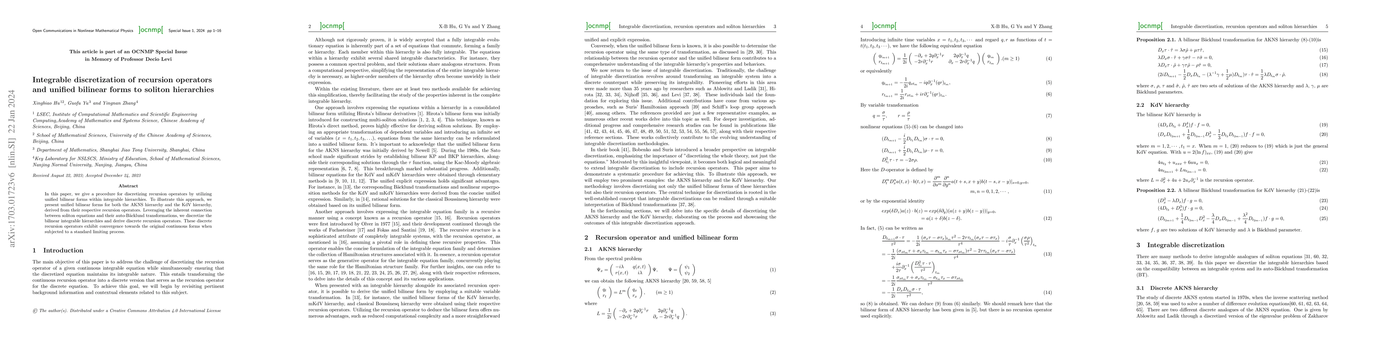 Thumbnail for Integrable discretization of recursion operators and unified bilinear
  forms to soliton hierarchies