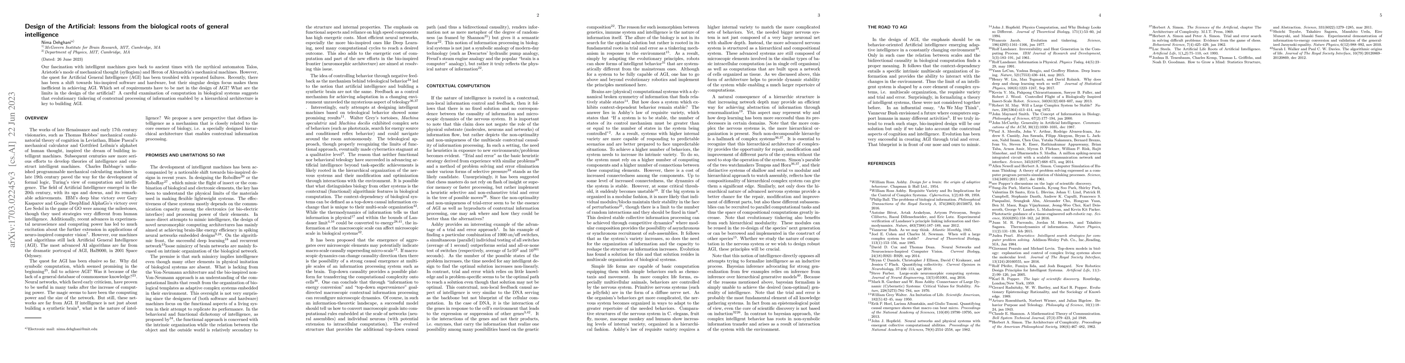 Thumbnail for Design of the Artificial: lessons from the biological roots of general
  intelligence