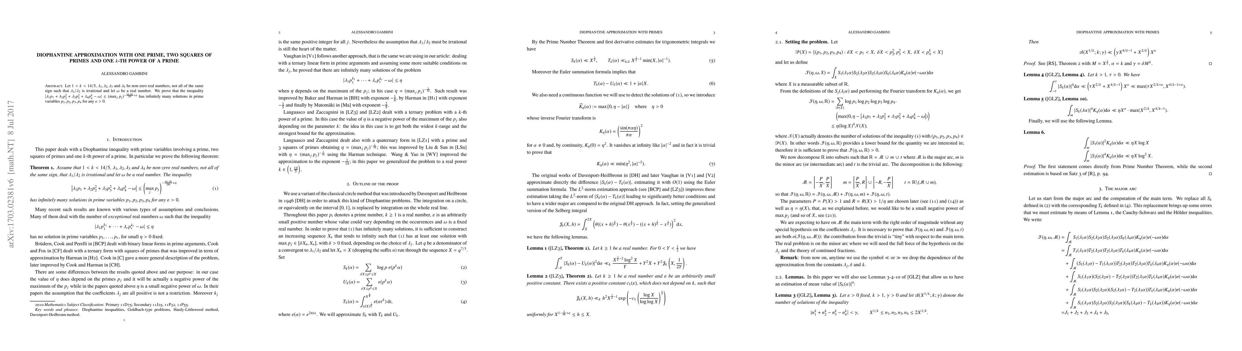 Thumbnail for Diophantine approximation with one prime, two squares of primes and one
  $k$-th power of a prime