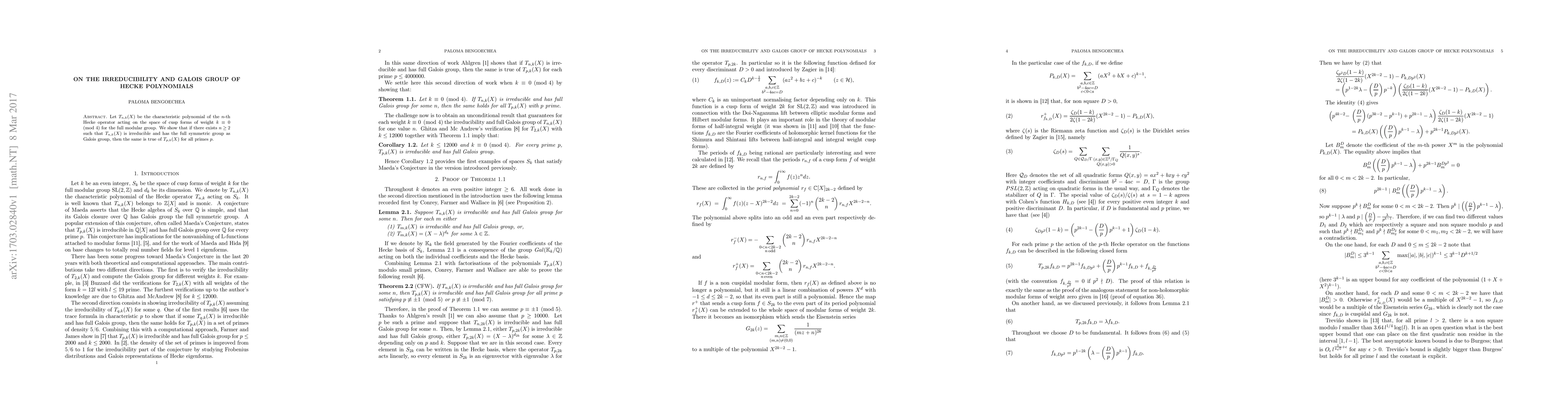 Thumbnail for Irreducibility and Galois group of Hecke polynomials