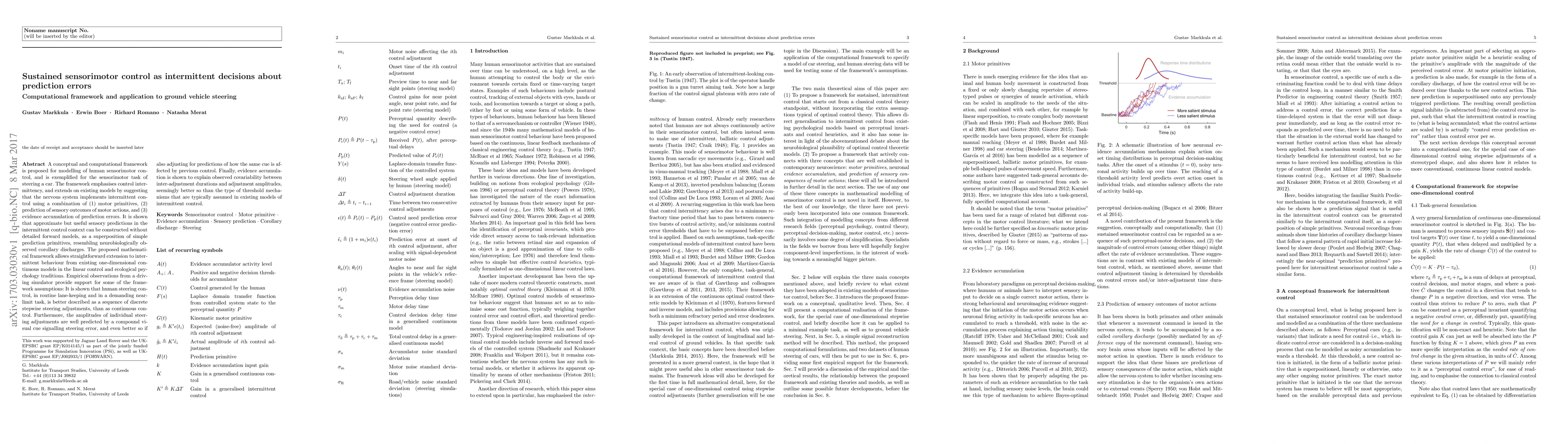 Thumbnail for Sustained sensorimotor control as intermittent decisions about
  prediction errors: Computational framework and application to ground vehicle
  steering