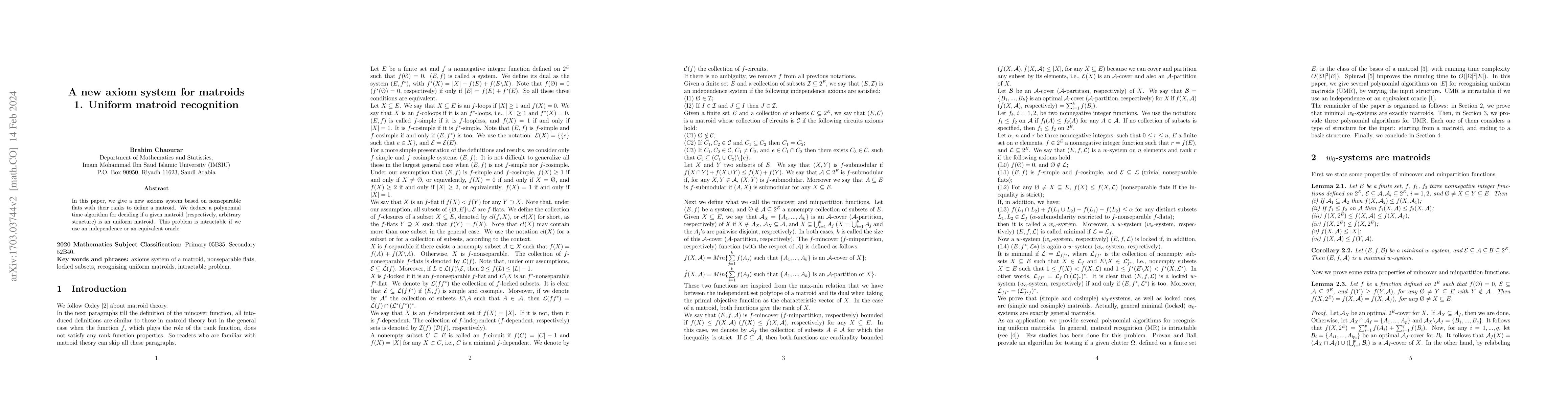 Thumbnail for A new axiom system for matroids: 1. Uniform matroid recognition