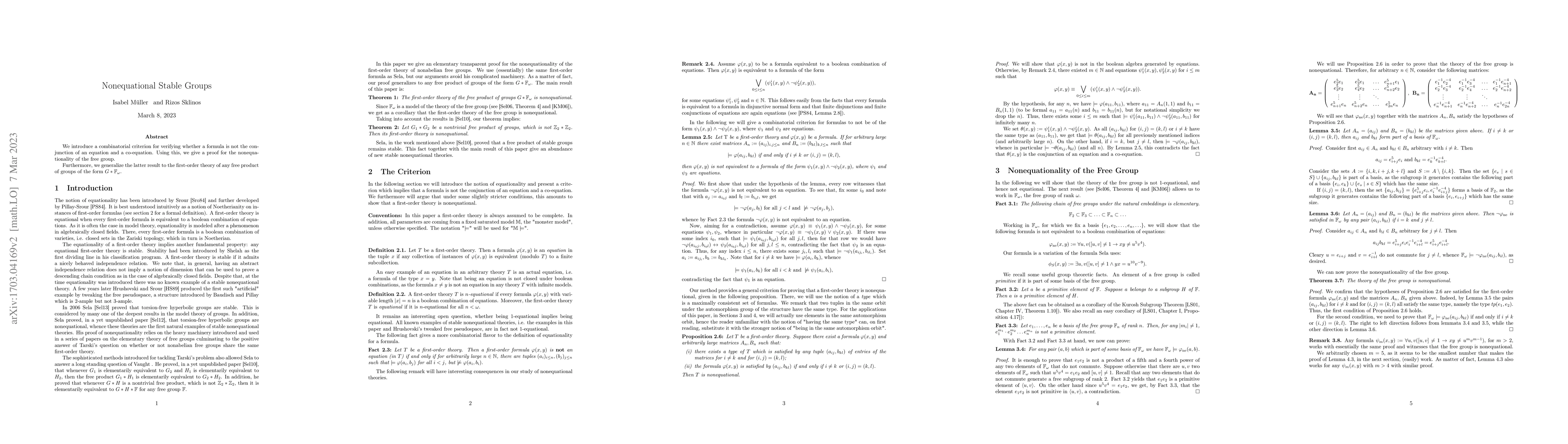 Thumbnail for Nonequational Stable Groups