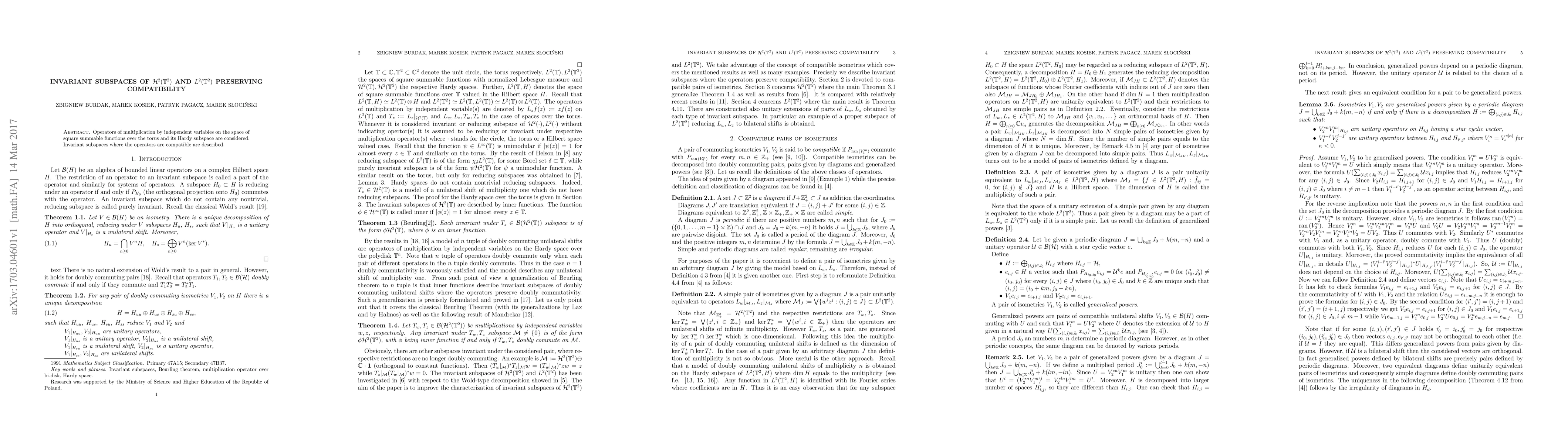 Thumbnail for Invariant subspaces of $\mathcal{H}^2(\mathbb{T}^2)$ and
  $L^2(\mathbb{T}^2)$ preserving compatibility