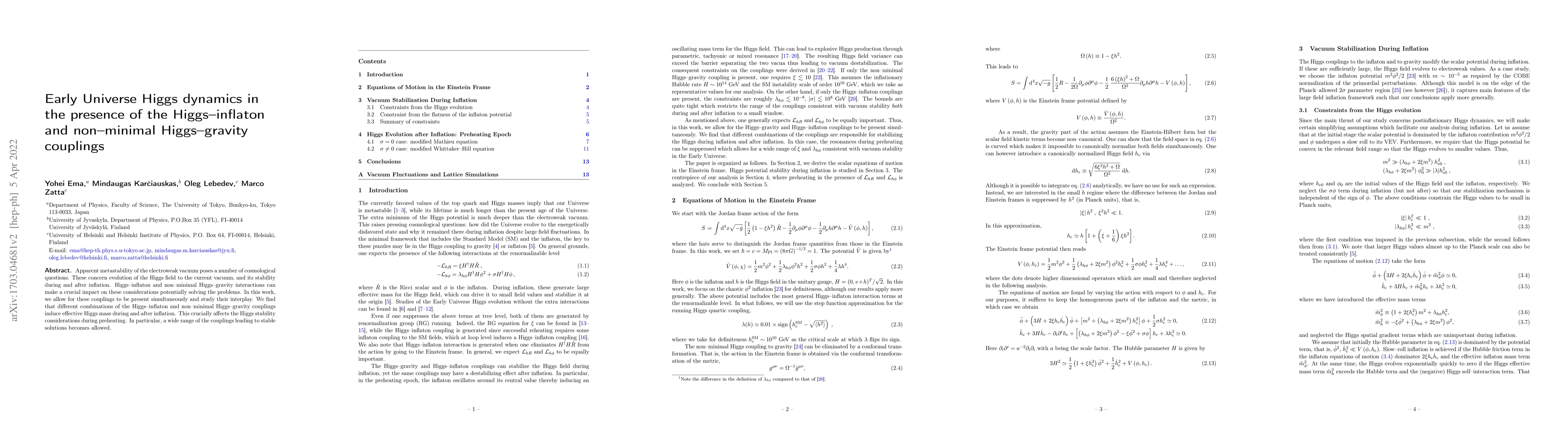 Thumbnail for Early Universe Higgs dynamics in the presence of the Higgs-inflaton and
  non-minimal Higgs-gravity couplings