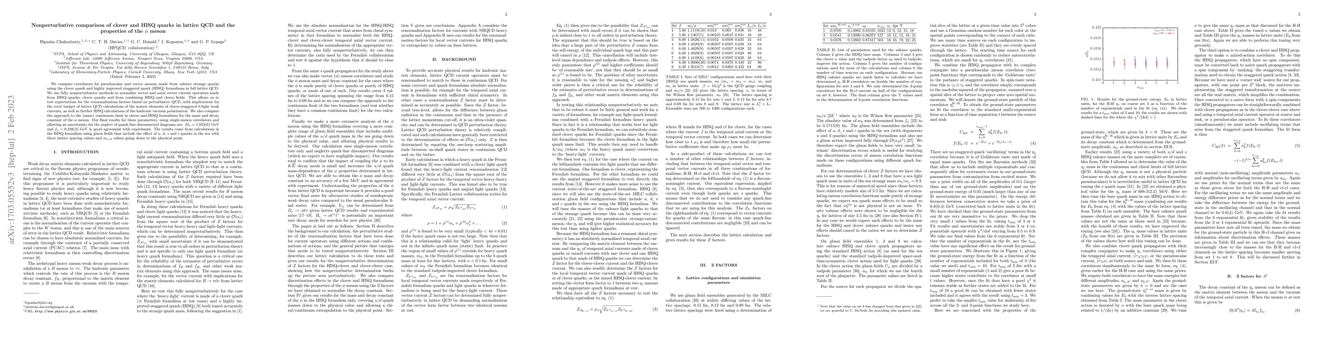 Thumbnail for Nonperturbative comparison of clover and HISQ quarks in lattice QCD and
  the properties of the phi meson