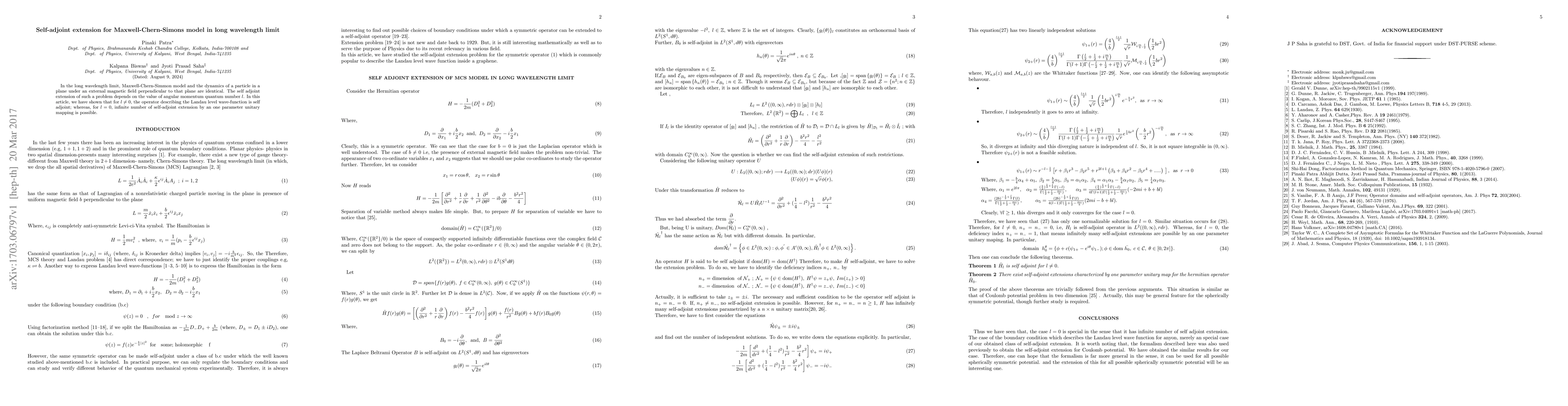 Thumbnail for Self-adjoint extension for Maxwell-Chern-Simons model in long wavelength
  limit