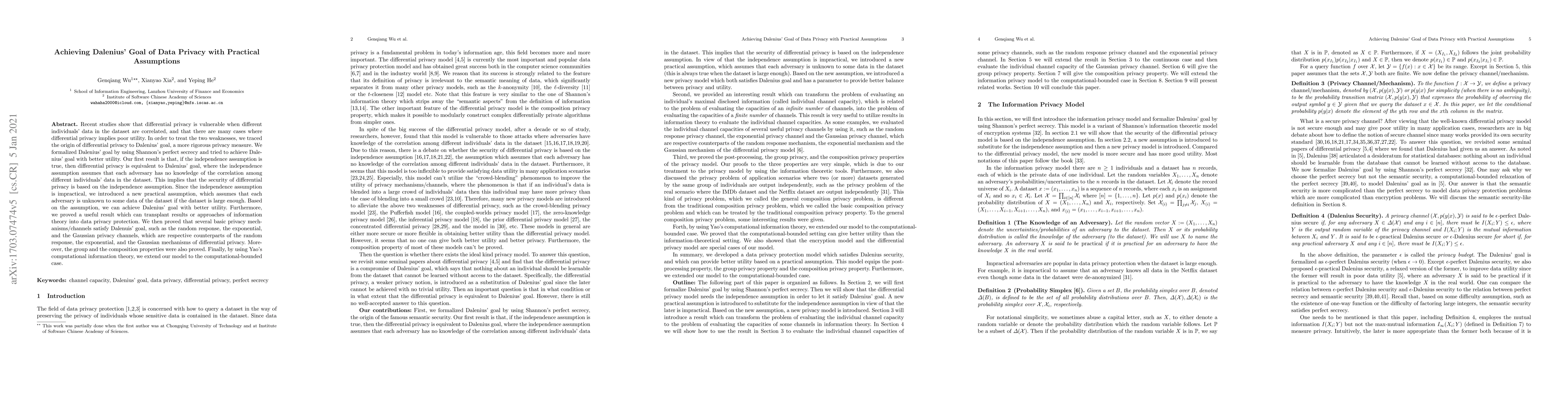 Thumbnail for Achieving Dalenius' Goal of Data Privacy with Practical Assumptions