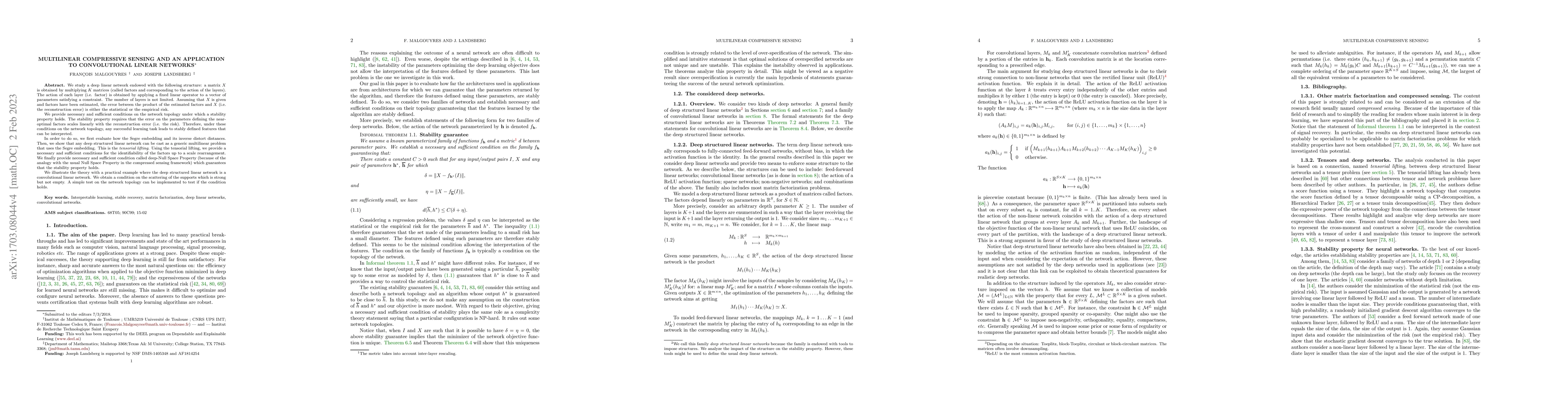 Thumbnail for Multilinear compressive sensing and an application to convolutional
  linear networks