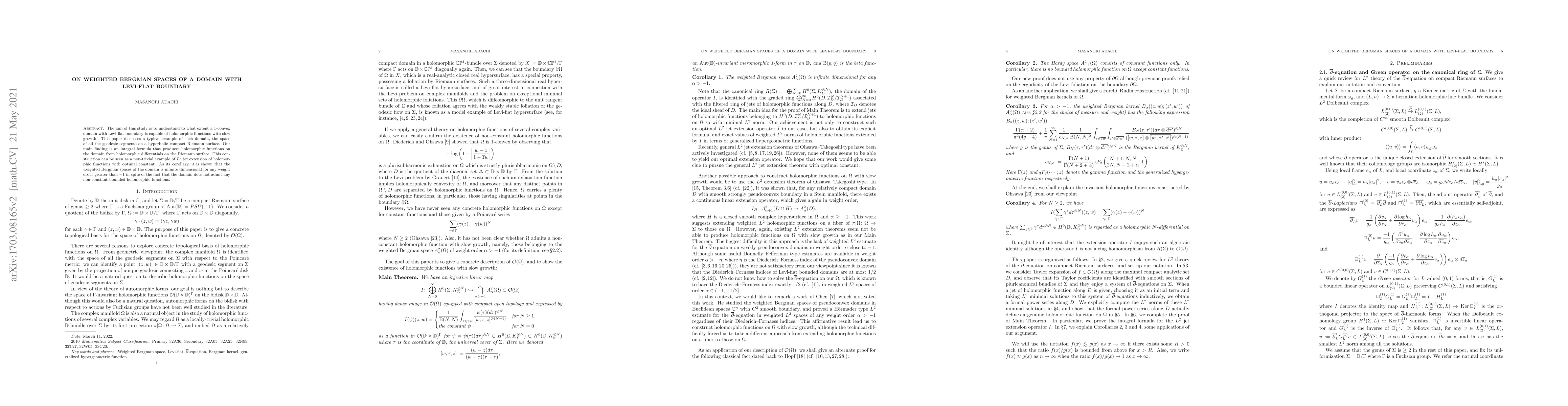Thumbnail for On weighted Bergman spaces of a domain with Levi-flat boundary