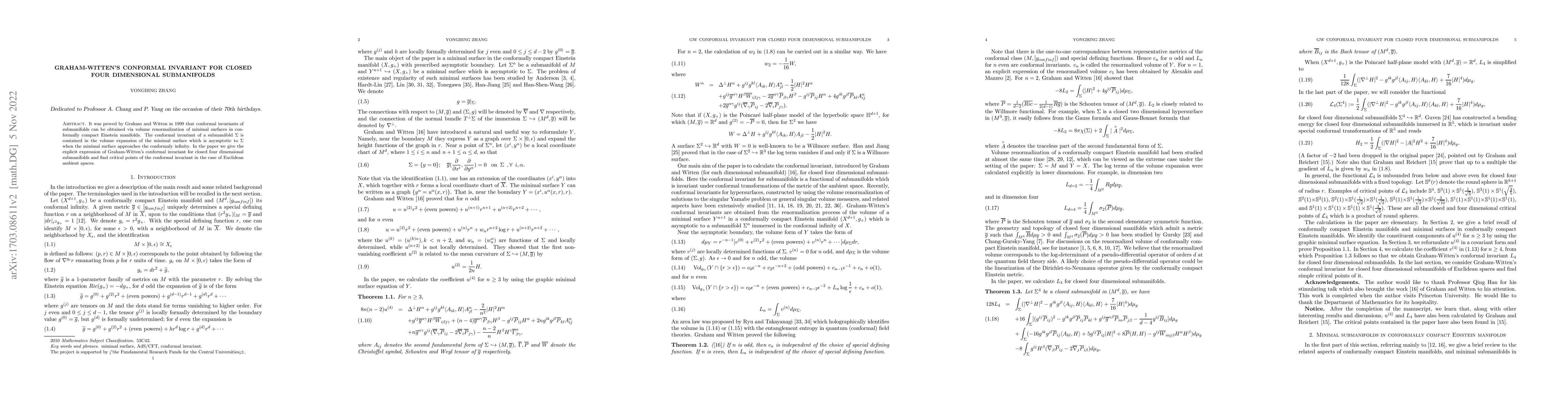 Thumbnail for Graham-Witten's conformal invariant for closed four dimensional
  submanifolds