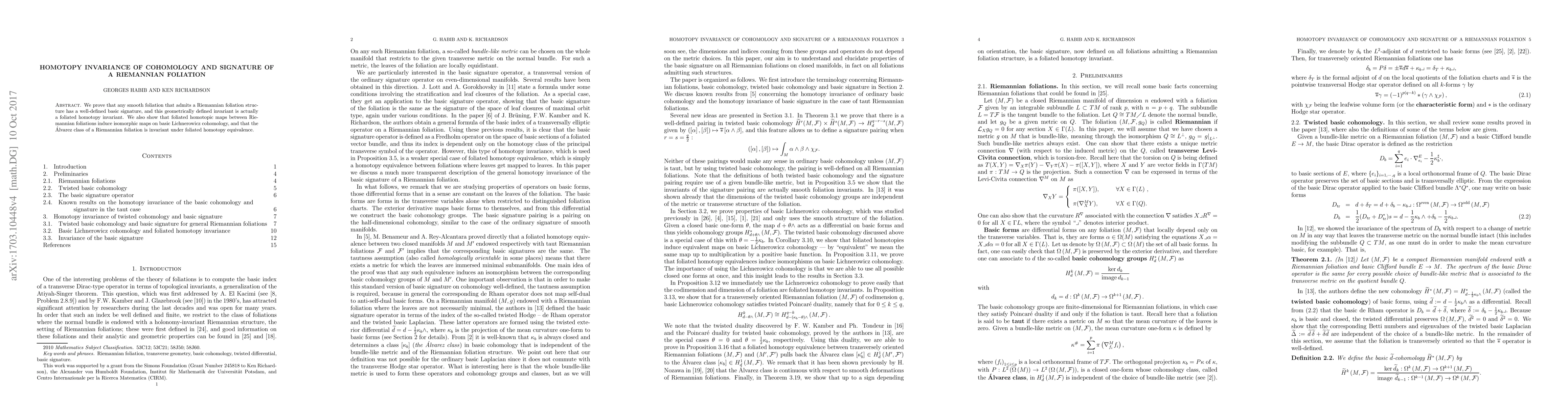 Thumbnail for Homotopy invariance of cohomology and signature of a riemannian
  foliation