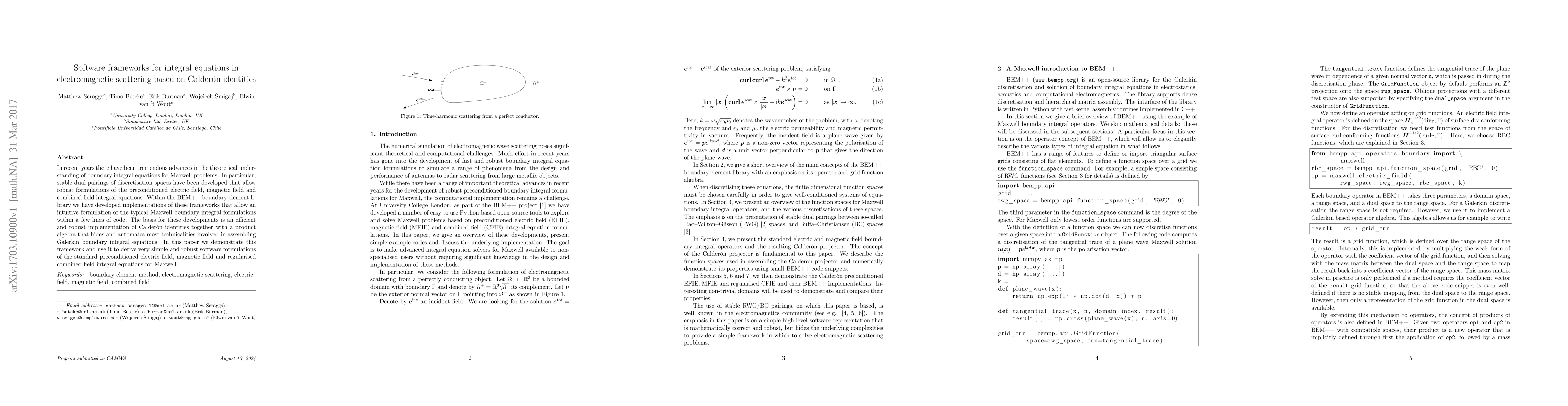 Thumbnail for Software frameworks for integral equations in electromagnetic scattering
  based on Calder\'on identities