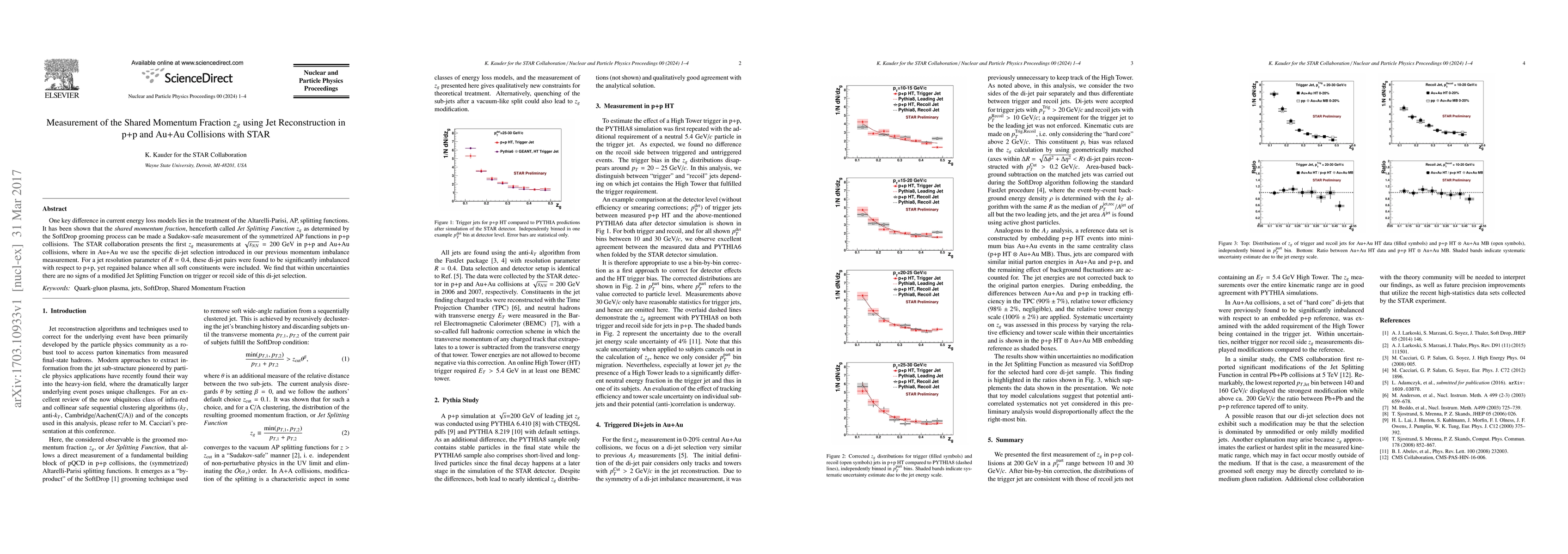 Thumbnail for Measurement of the Shared Momentum Fraction $z_g$ using Jet
  Reconstruction in p+p and Au+Au Collisions with STAR