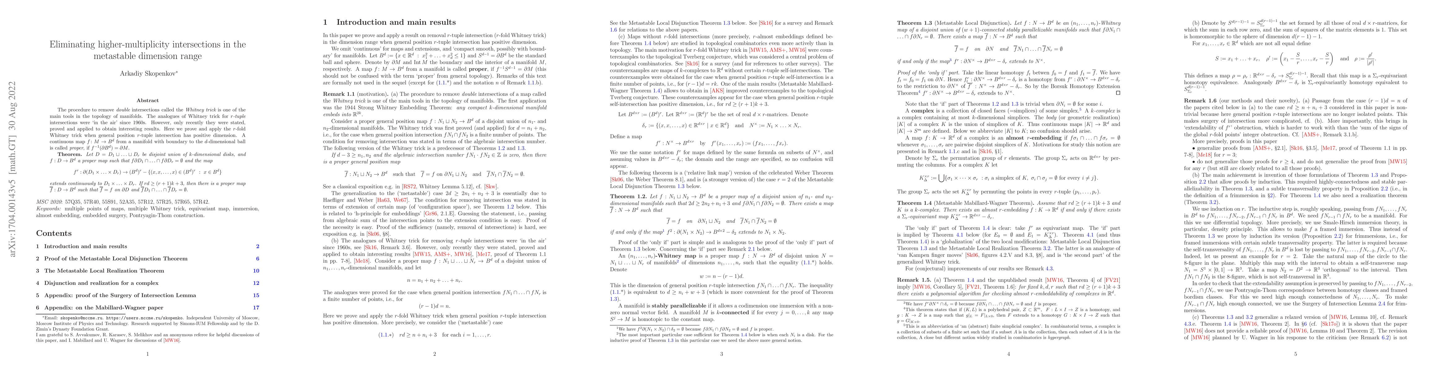 Thumbnail for Eliminating higher-multiplicity intersections in the metastable
  dimension range
