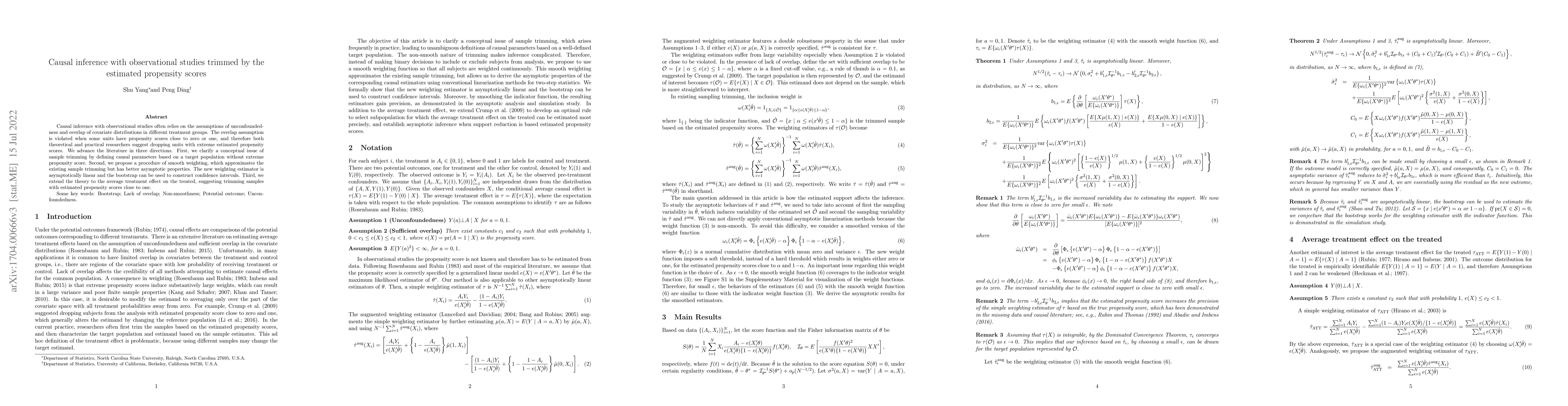 Thumbnail for Asymptotic causal inference with observational studies trimmed by the
  estimated propensity scores