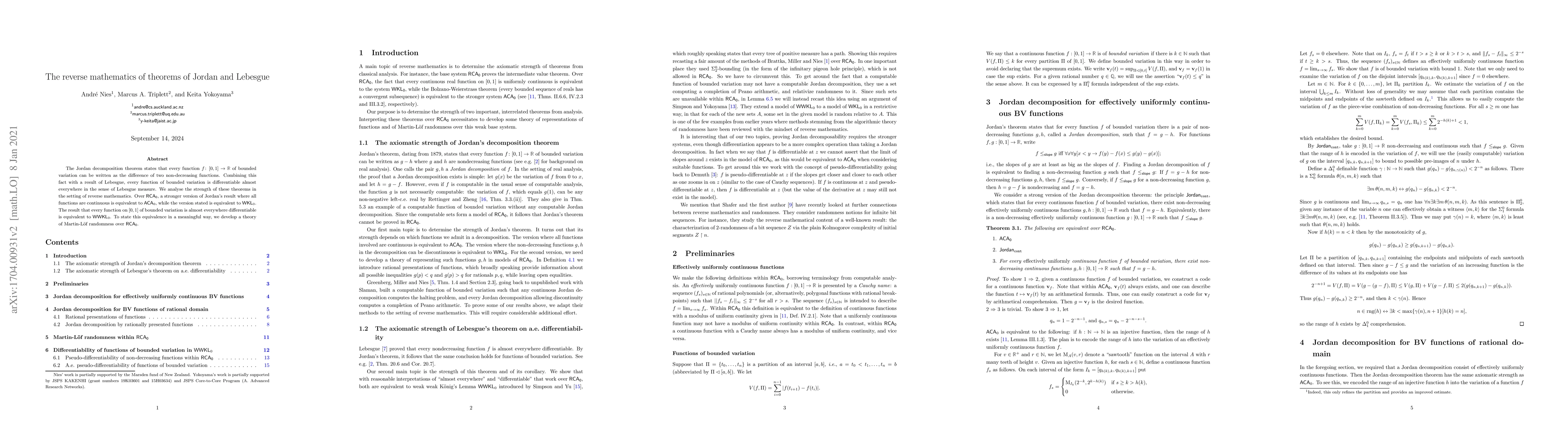 Thumbnail for The reverse mathematics of theorems of Jordan and Lebesgue