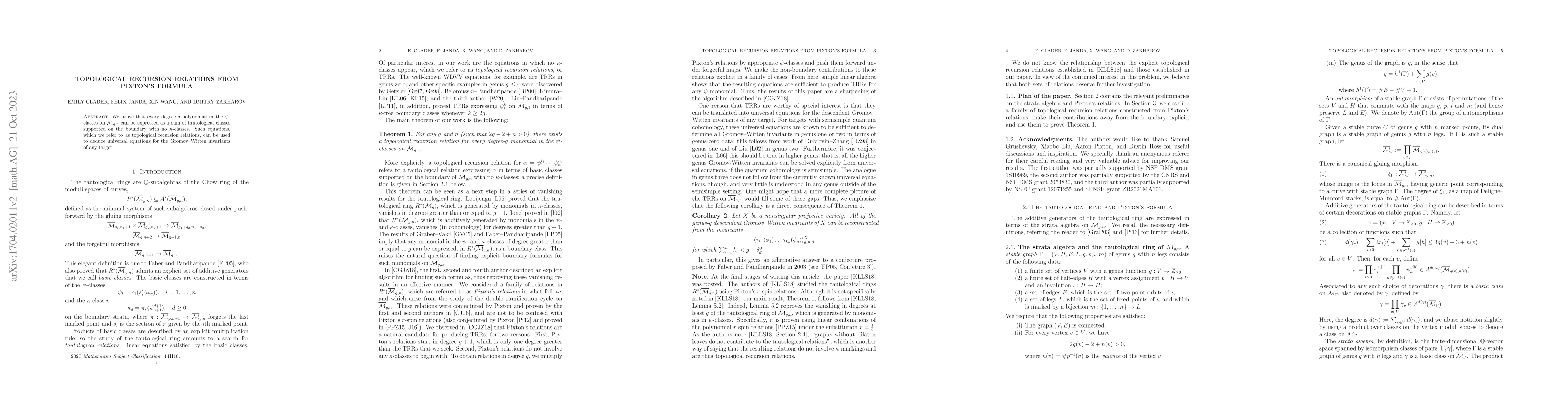 Thumbnail for Topological recursion relations from Pixton's formula