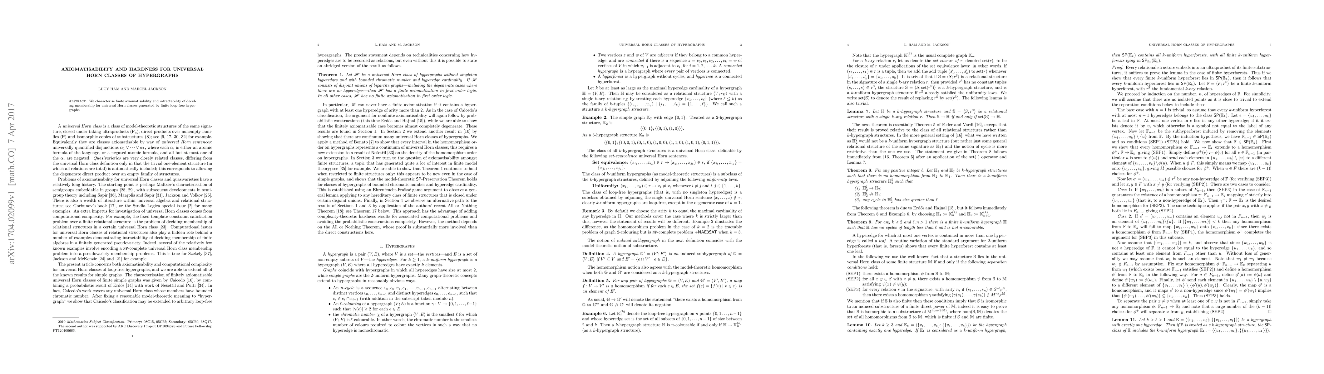 Thumbnail for Axiomatisability and hardness for universal Horn classes of hypergraphs
