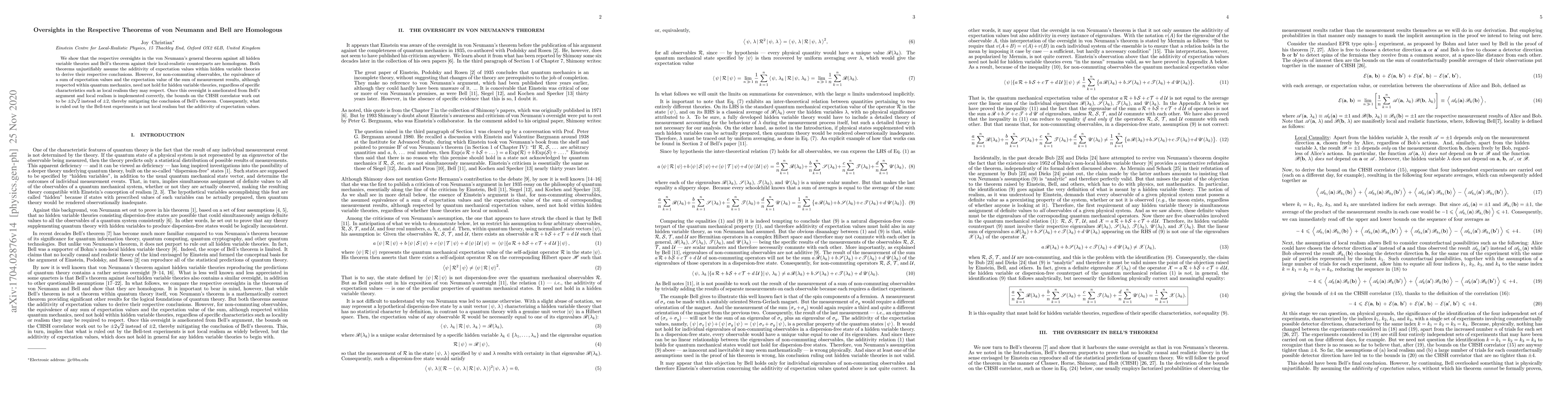 Thumbnail for Oversights in the Respective Theorems of von Neumann and Bell are
  Homologous