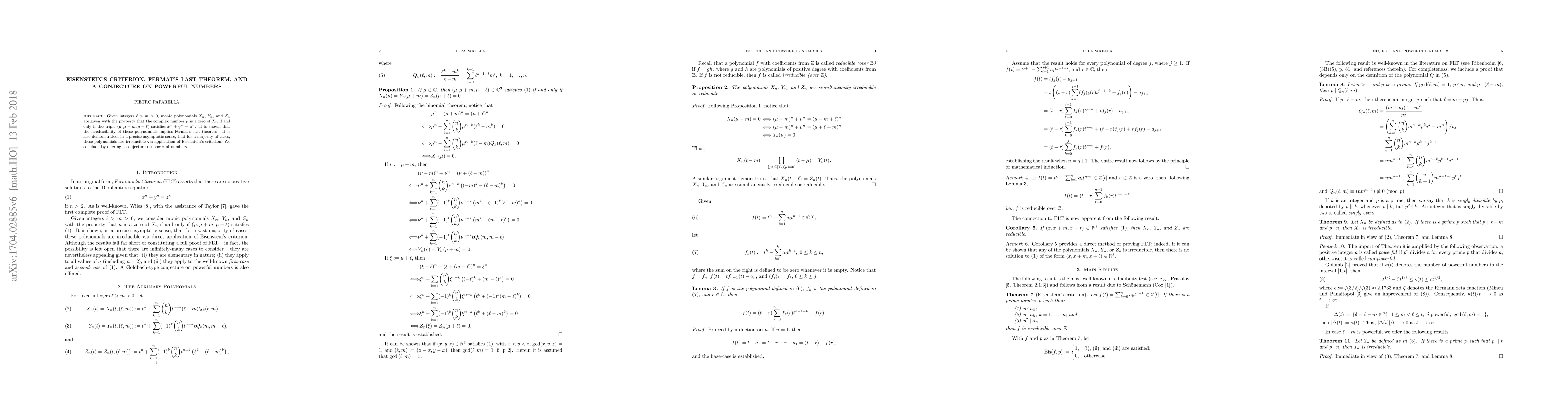 Thumbnail for Eisenstein's criterion, Fermat's last theorem, and a conjecture on
  powerful numbers
