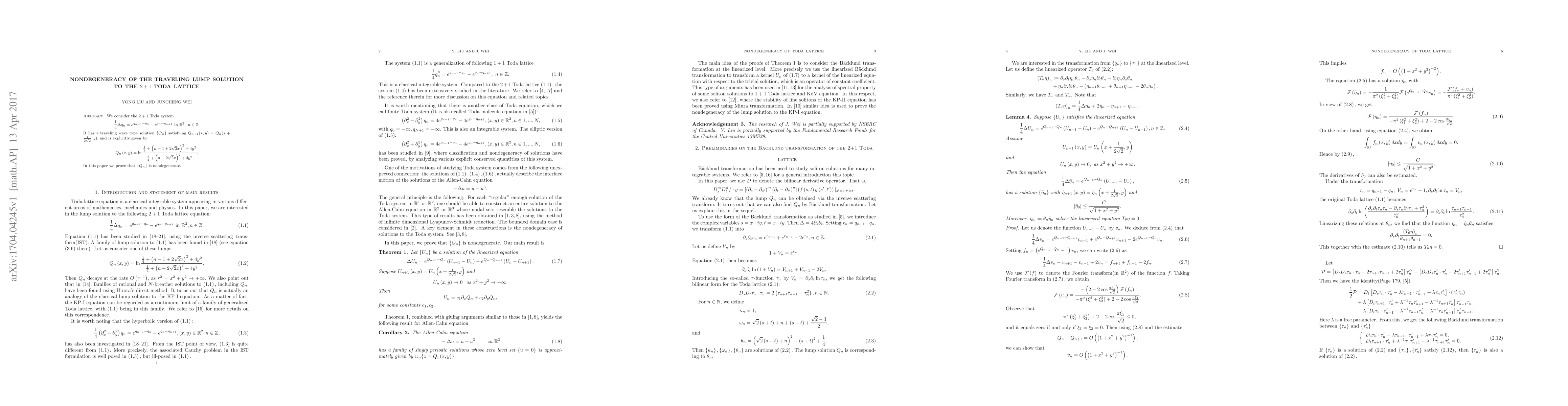 Thumbnail for Nondegeneracy of the traveling lump solution to the $2+1$ Toda lattice