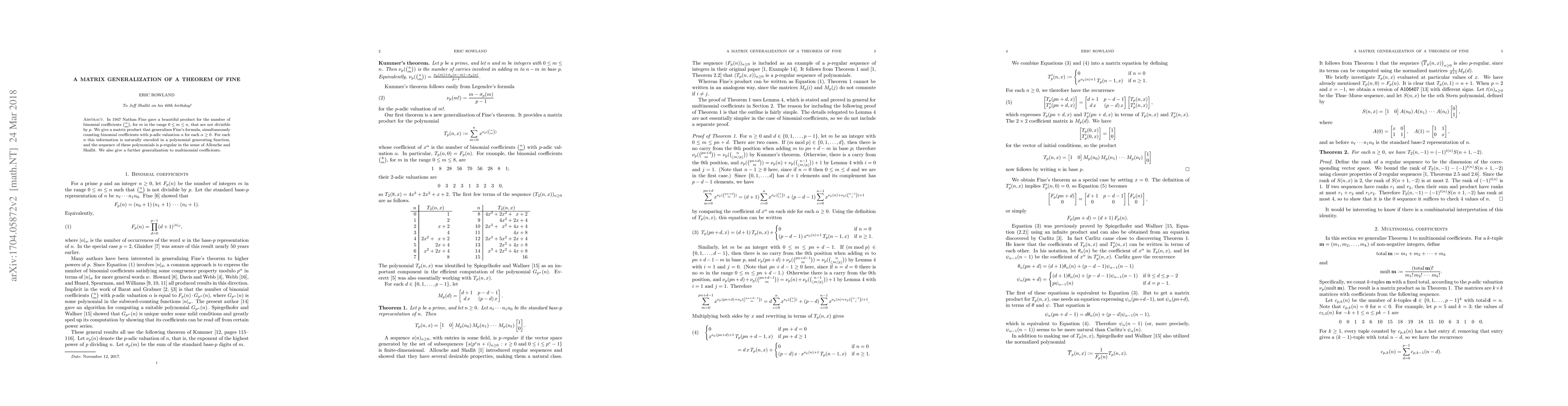 Thumbnail for A matrix generalization of a theorem of Fine