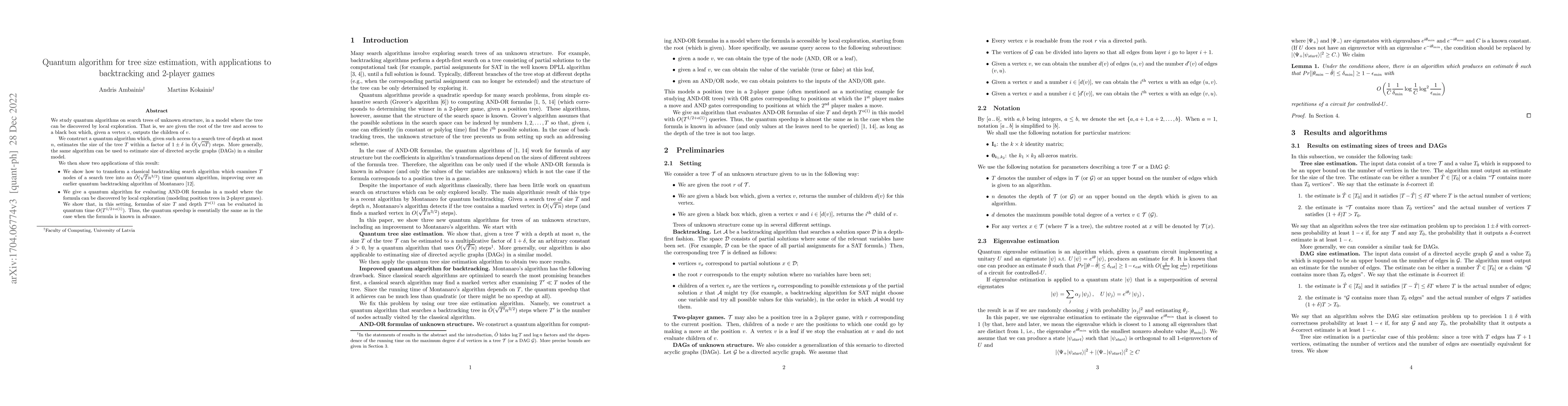 Thumbnail for Quantum algorithm for tree size estimation, with applications to
  backtracking and 2-player games